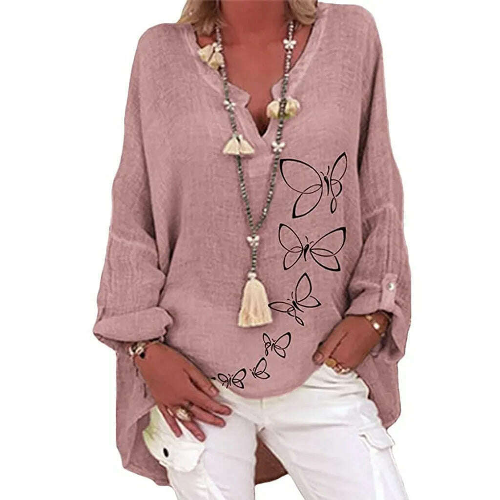 KIMLUD, 40# Vintage Cotton Linen Blouses Women Elegant Casual Floral Print Plus Size Shirt Long Sleeve V-neck Top Blusas Mujer De Moda, PK / L / United States, KIMLUD APPAREL - Womens Clothes