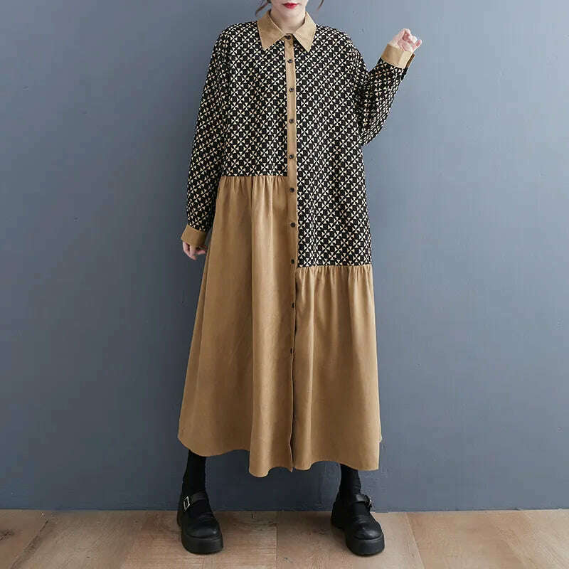 KIMLUD, #4020 Spring Autumn Spliced Color Printed Long Shirt Dress Turn-down Collar Vintage Front Button A-line Shirt Dress Women Female, Khaki / One Size, KIMLUD Womens Clothes