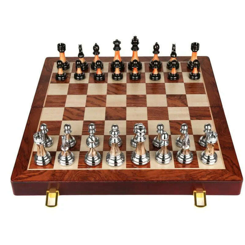 KIMLUD, 45CM Wooden Chess Set Luxury Metal Chess Figures Professional Folding Family Classic Board Games Chess Home Ornaments Collection, KIMLUD Womens Clothes