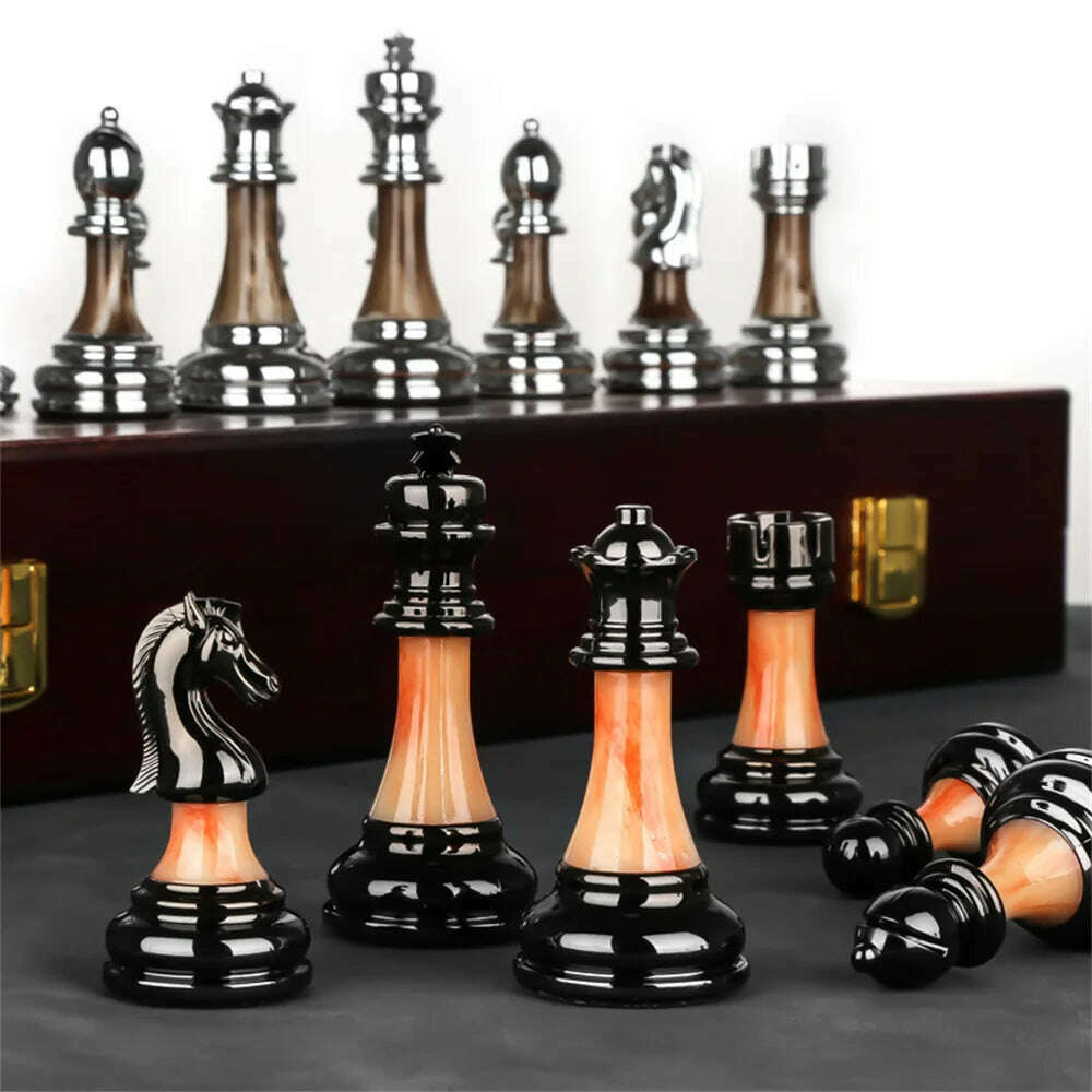 45X45X3cm Luxury Metal Retro European Decoration Sets Wooden Chess Figures Family Classic Solid Folding Checkerboard Professiona - KIMLUD