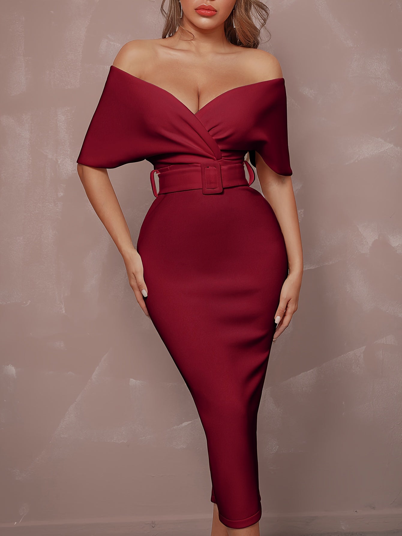 Stunning Off-The-Shoulder Bodycon Dress - V-Neck, Split Hem, Belted Waist, Elegant Design for Wedding Party, Formal Occasions - Women's Clothing, Body-Hugging Silhouette