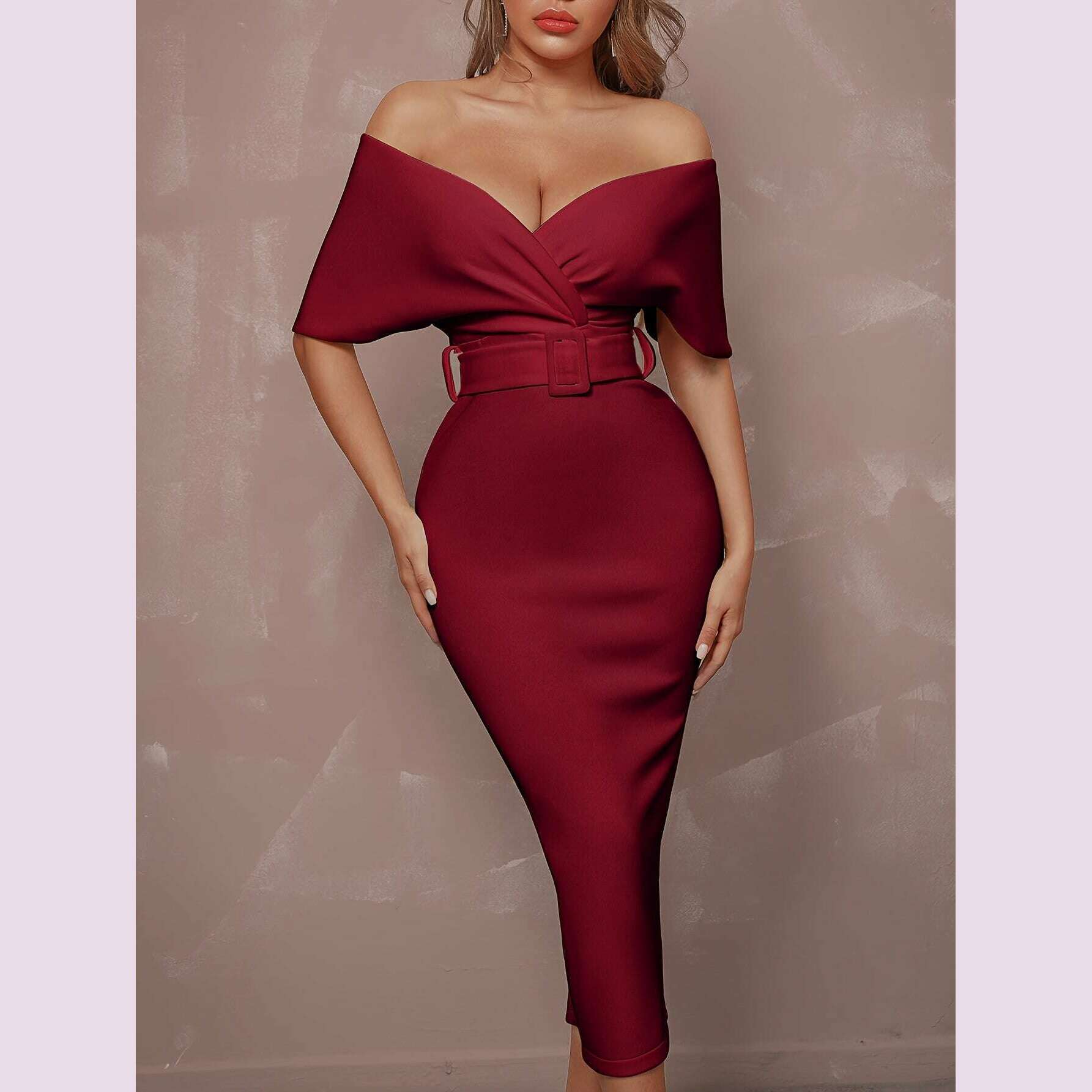 stunning-off-the-shoulder-bodycon-dress---v-neck-split-hem-belted-waist-elegant-design-for-wedding-party-formal-occasions---womens-clothing-body-hugging-silhouettekimlud-womens-fashion-34625782