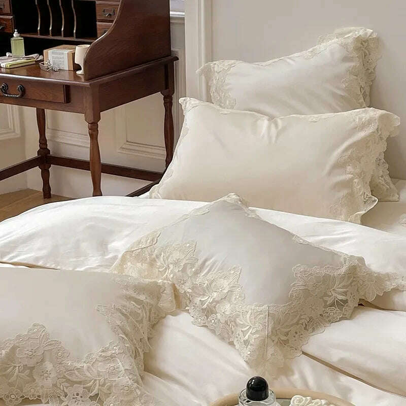 4/7Pcs French Romantic Wedding Chic White Lace Bedding Set 1000TC Egyptian Cotton Ultra Soft Duvet Cover Bed Sheet Pillowcases - KIMLUD
