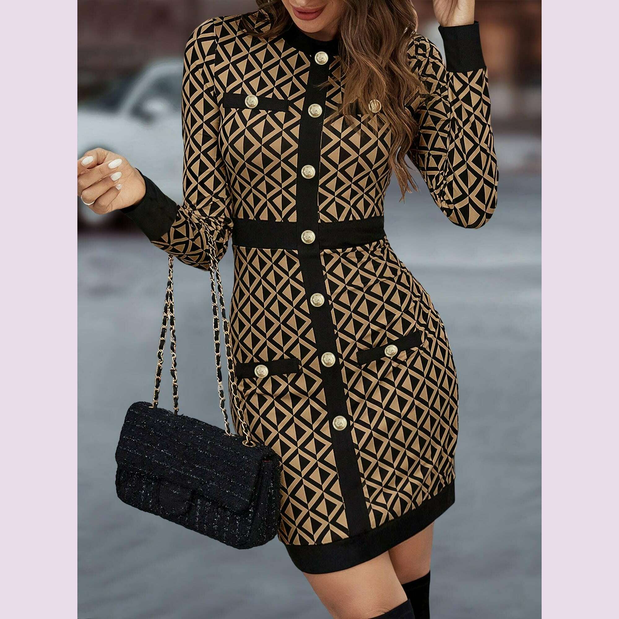 elegant-geometric-print-bodycon-dress-with-contrast-trim-and-decorative-goldtone-buttons---polyester-blend-crew-neck-long-sleeve-midi-for-adult---fallwinter-collectionkimlud-womens-fashion-34626010