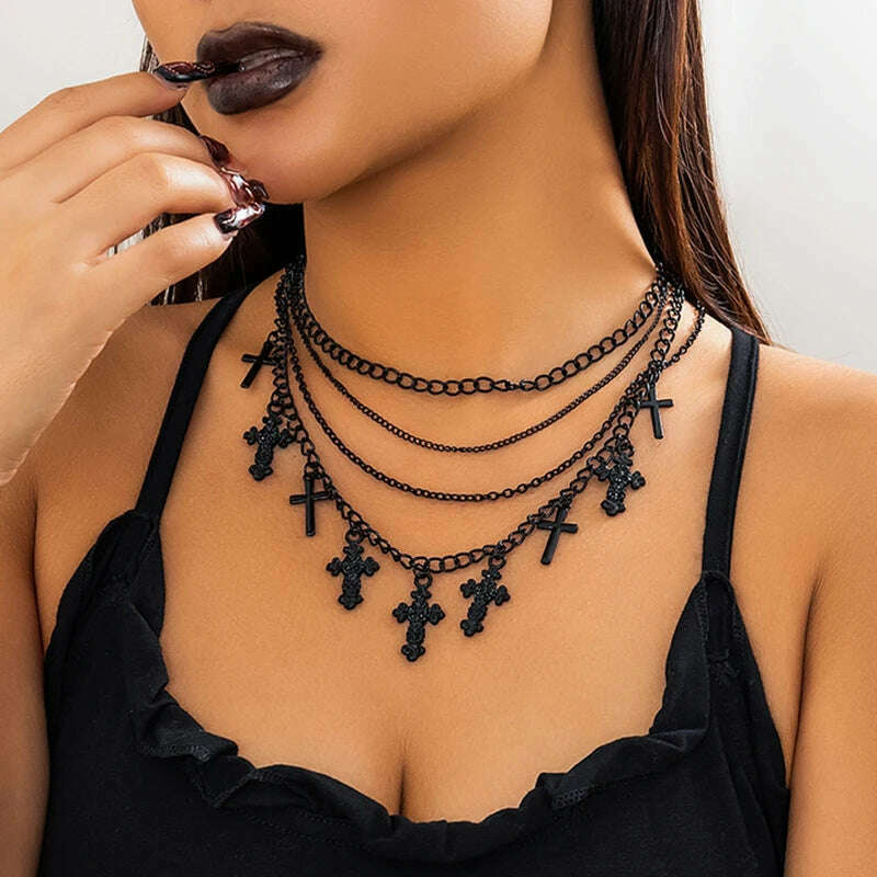 4Pcs Goth Black Cross Jesus Tassel Pendant Choker Necklace for Women Punk Metal Clavicle Chain Halloween Jewelry Y2K Accessories - KIMLUD