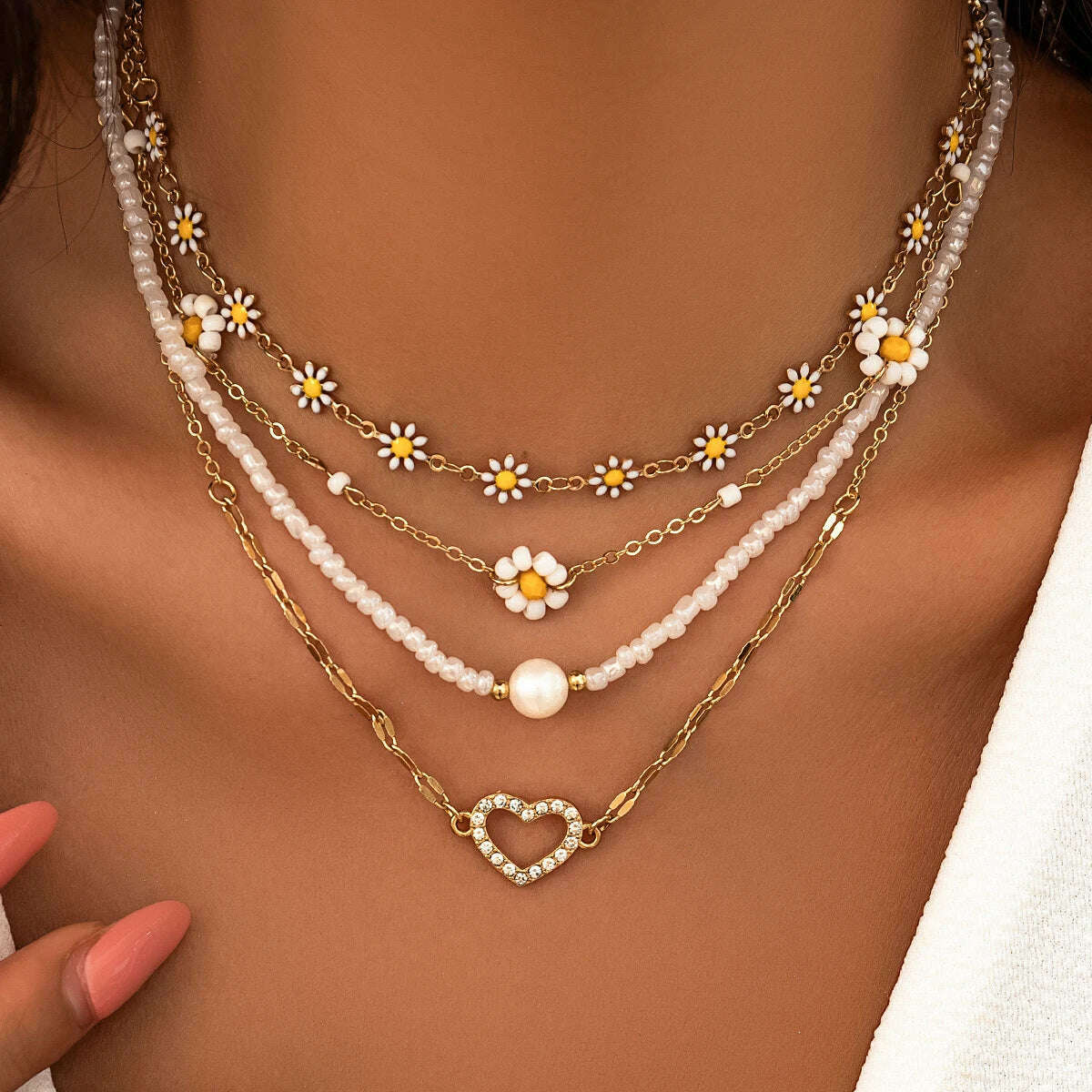 KIMLUD, 4Pcs Vintage Sunflower Flower Clavicle Chain Necklace for Women Kpop Rhinestone Love Heart Pendant Choker Aesthetic Y2K Jewelry, KIMLUD Womens Clothes