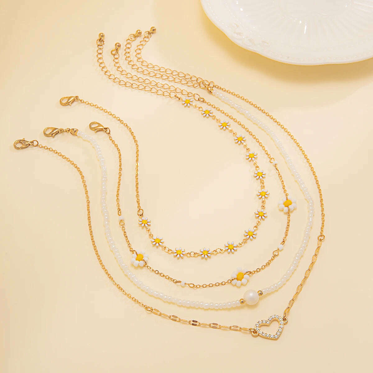 4Pcs Vintage Sunflower Flower Clavicle Chain Necklace for Women Kpop Rhinestone Love Heart Pendant Choker Aesthetic Y2K Jewelry - KIMLUD