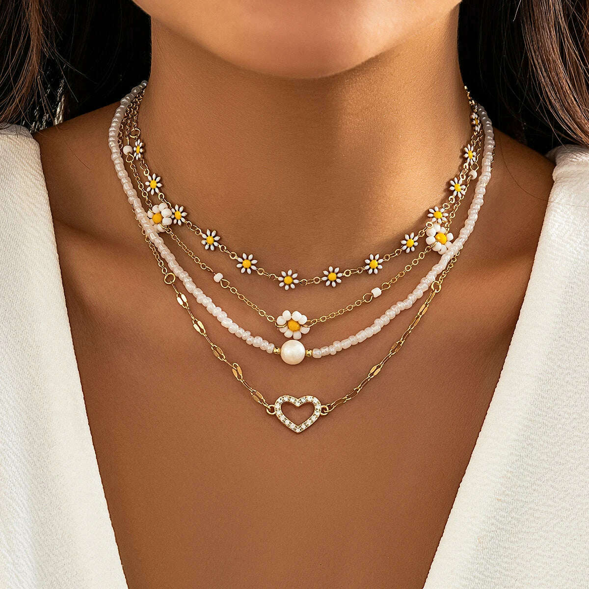 4Pcs Vintage Sunflower Flower Clavicle Chain Necklace for Women Kpop Rhinestone Love Heart Pendant Choker Aesthetic Y2K Jewelry - KIMLUD