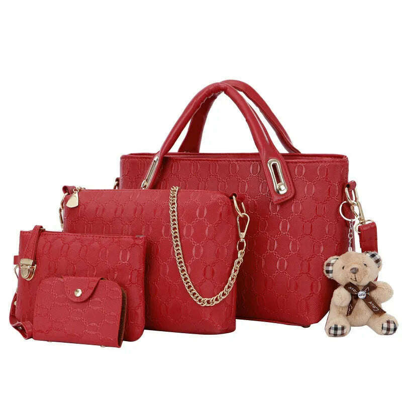 KIMLUD, 4PCS/Set Ladies Fashionable PU Leather Shoulder Bag Handbag Satchel Clutch Coin Purse Casual Bear Pendant Messenger Tote Bag, KIMLUD Womens Clothes