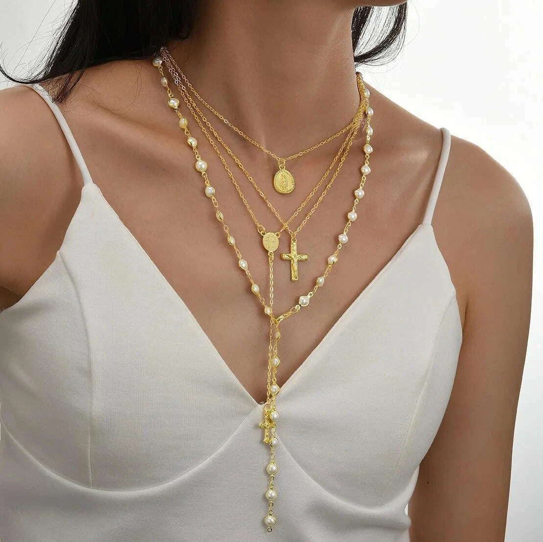4Pcs/Set Simple Jesus Cross Pendant Choker Necklace for Women Trendy Colorful Crystal Chain Christian Daily Wear Jewelry Gifts
