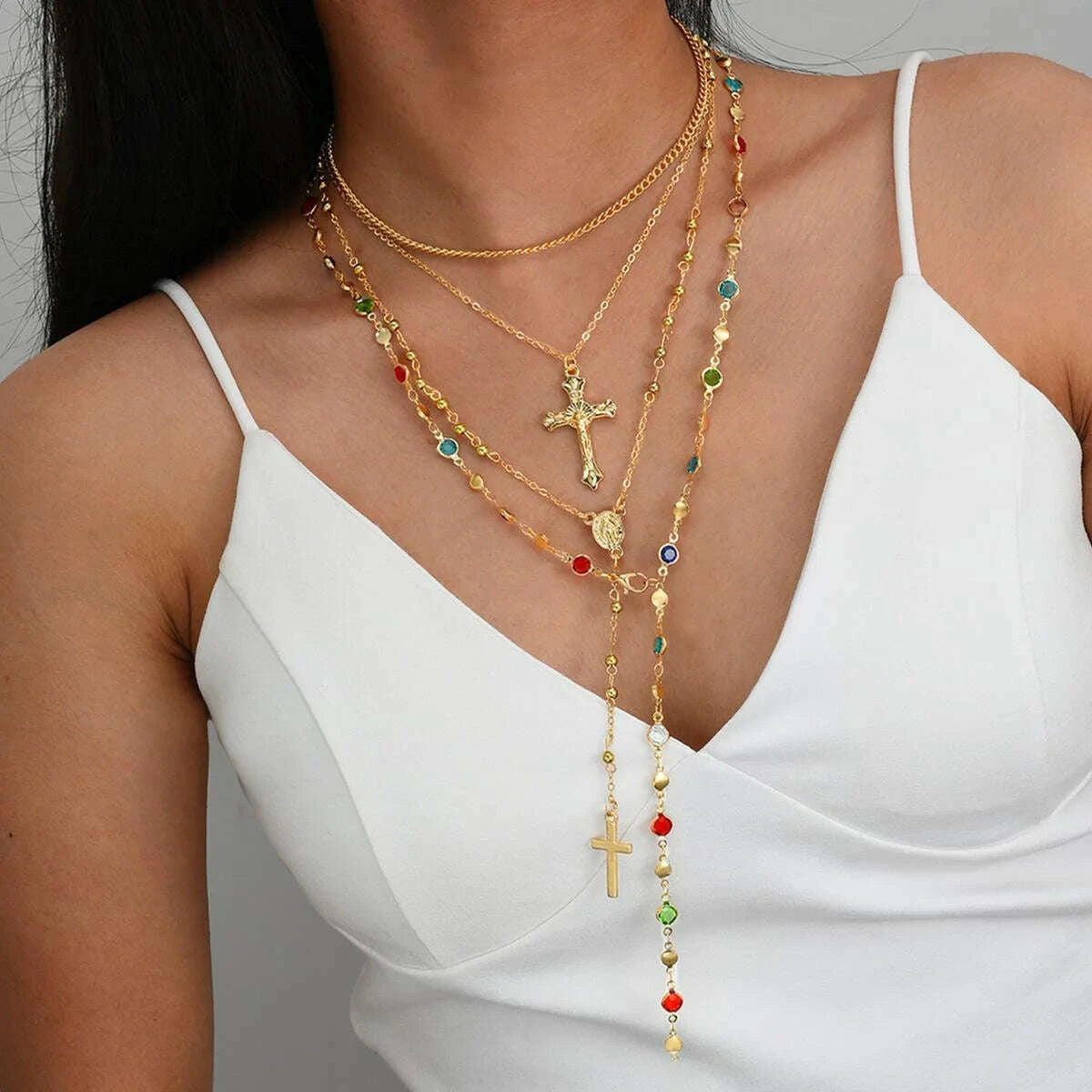 4Pcs/Set Simple Jesus Cross Pendant Choker Necklace for Women Trendy Colorful Crystal Chain Christian Daily Wear Jewelry Gifts