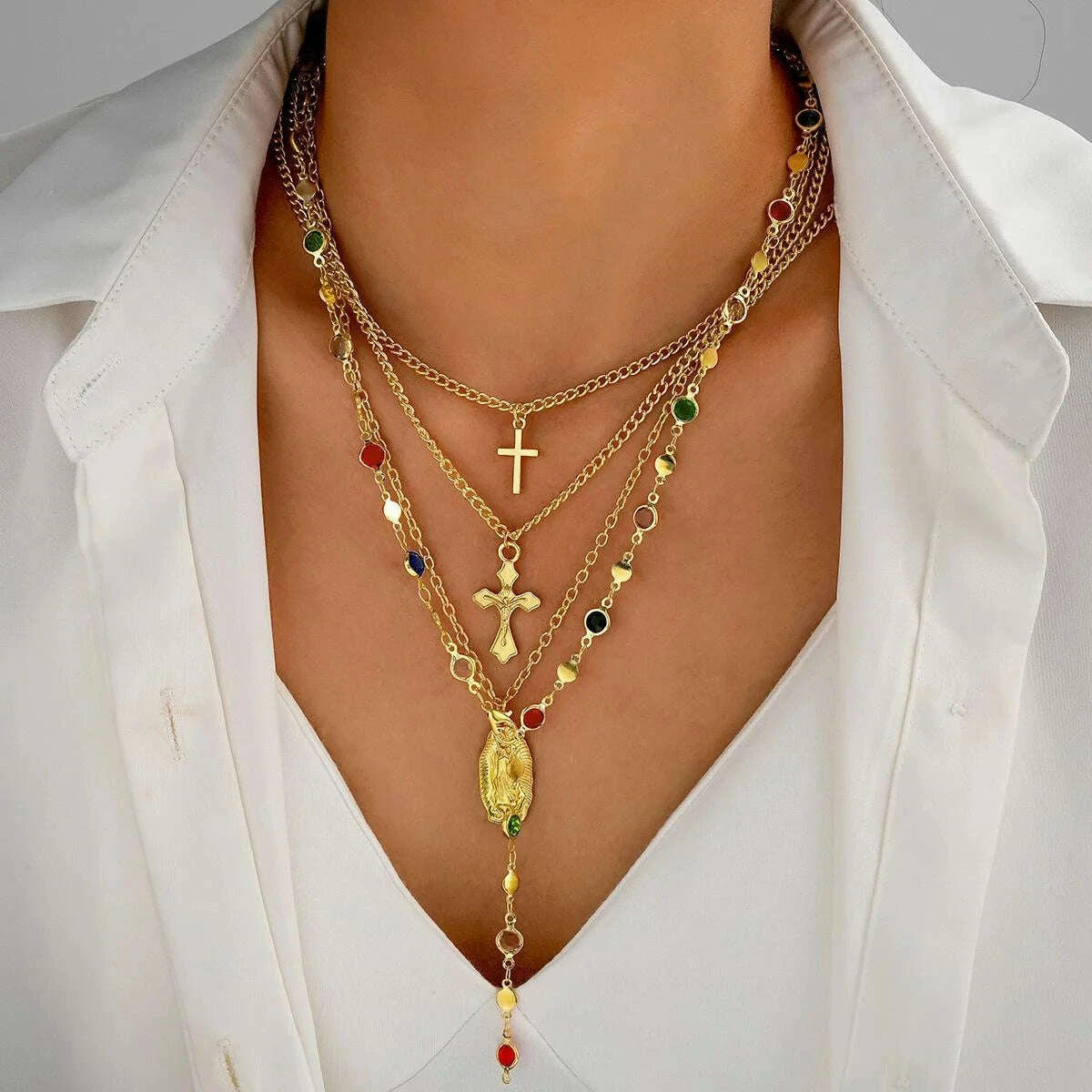 4Pcs/Set Simple Jesus Cross Pendant Choker Necklace for Women Trendy Colorful Crystal Chain Christian Daily Wear Jewelry Gifts