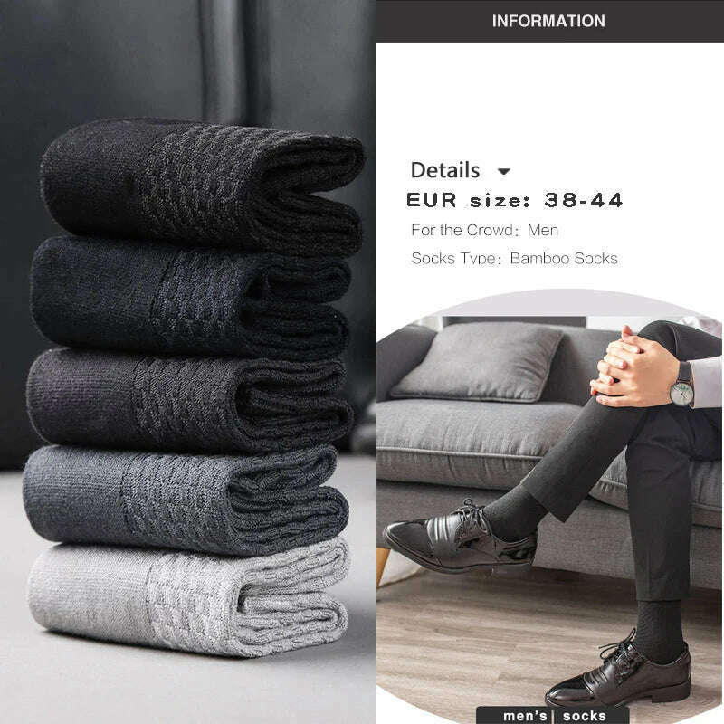 5 Pairs Men Bamboo Fiber Crew Casual Socks Man High Quality Spring Summer Autumn Business Breathable Black Male Dress Long Socks - KIMLUD