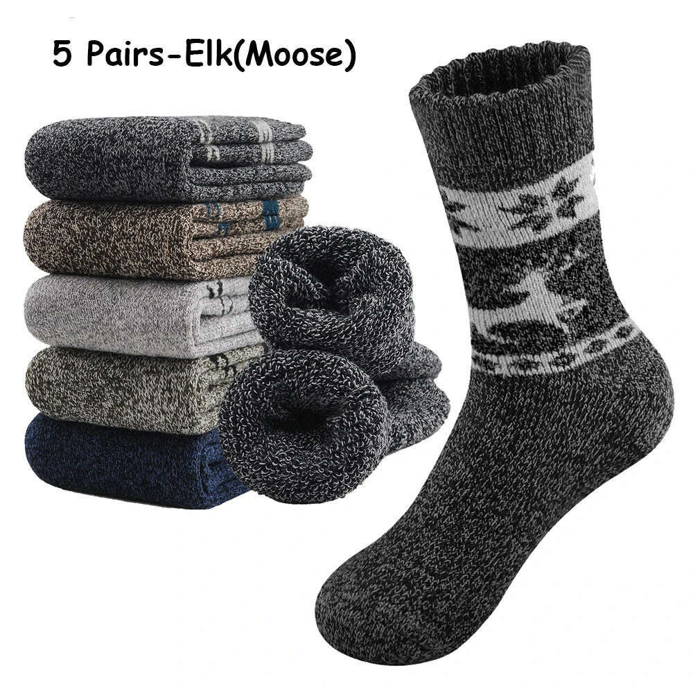 KIMLUD, 5 Pairs Winter Thicken Wool Merino Socks Women Towel Keep Warm Winter Terry Socks New Year Christmas Gift Russia Socks for Man, 5 pairs Elk Style / One Size, KIMLUD Women's Clothes