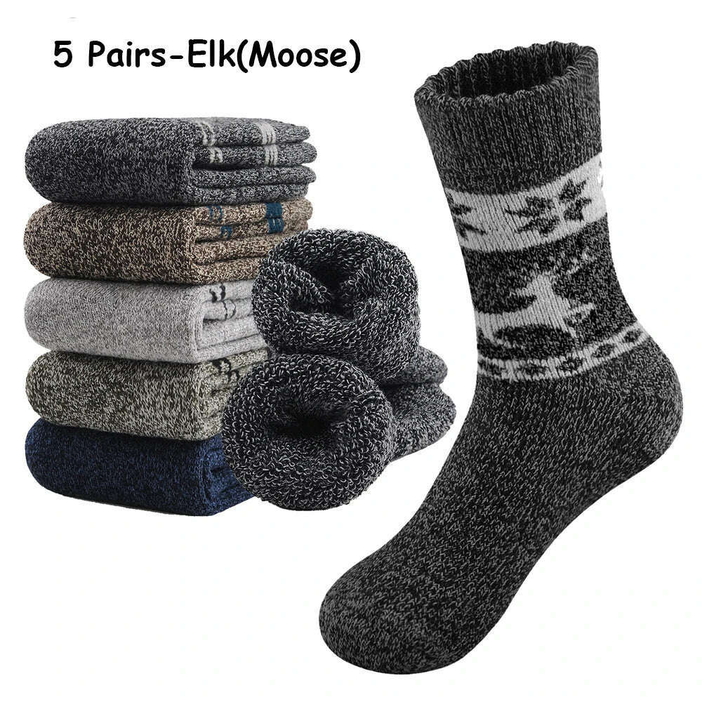 KIMLUD, 5 Pairs Winter Thicken Wool Merino Socks Women Towel Keep Warm Winter Terry Socks New Year Christmas Gift Russia Socks for Man, 5 pairs Elk Style / One Size, KIMLUD Womens Clothes