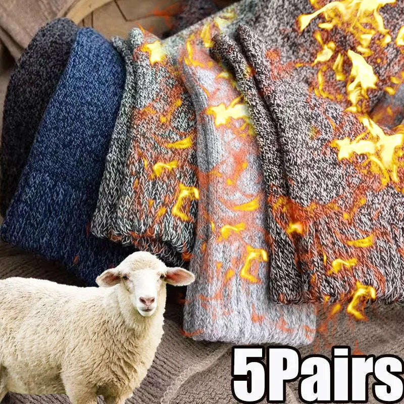 5 Pairs Winter Warm Men’s Socks Wool Male Women Socks Super Thicker Solid Socks Merino Wool Socks Against Cold Snow Terry Socks - KIMLUD