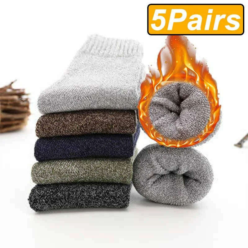 5 Pairs Winter Warm Men’s Socks Wool Male Women Socks Super Thicker Solid Socks Merino Wool Socks Against Cold Snow Terry Socks - KIMLUD