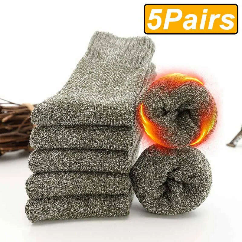 KIMLUD, 5 Pairs Winter Warm Men’s Socks Wool Male Women Socks Super Thicker Solid Socks Merino Wool Socks Against Cold Snow Terry Socks, 5 green gray / One Size, KIMLUD Womens Clothes