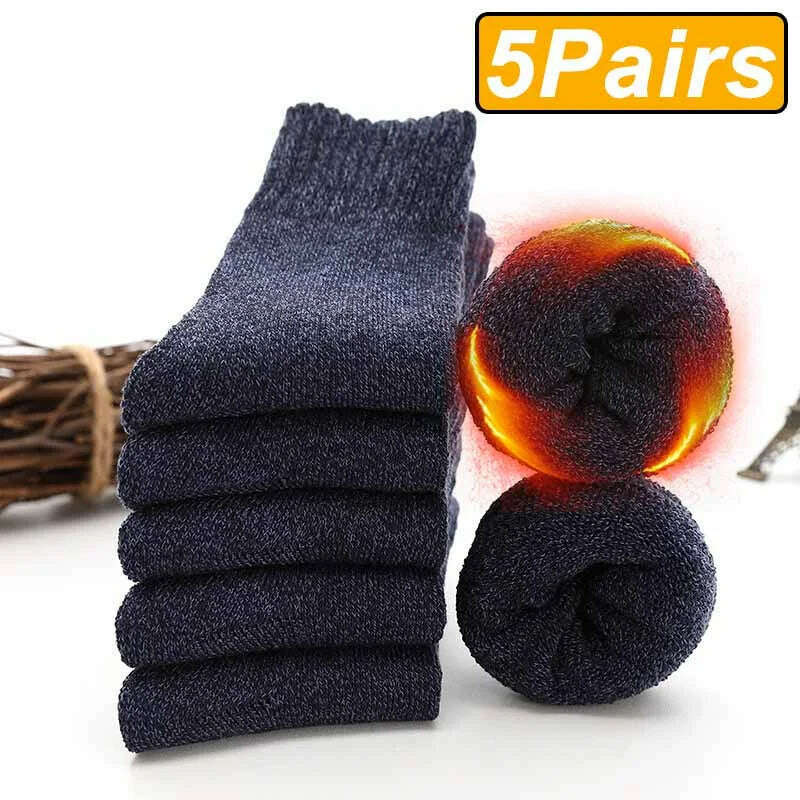 KIMLUD, 5 Pairs Winter Warm Men’s Socks Wool Male Women Socks Super Thicker Solid Socks Merino Wool Socks Against Cold Snow Terry Socks, 5 navy color / One Size, KIMLUD Womens Clothes