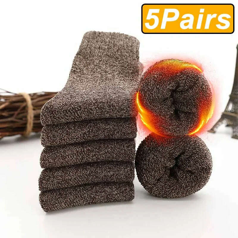 KIMLUD, 5 Pairs Winter Warm Men’s Socks Wool Male Women Socks Super Thicker Solid Socks Merino Wool Socks Against Cold Snow Terry Socks, 5 brown / One Size, KIMLUD Womens Clothes