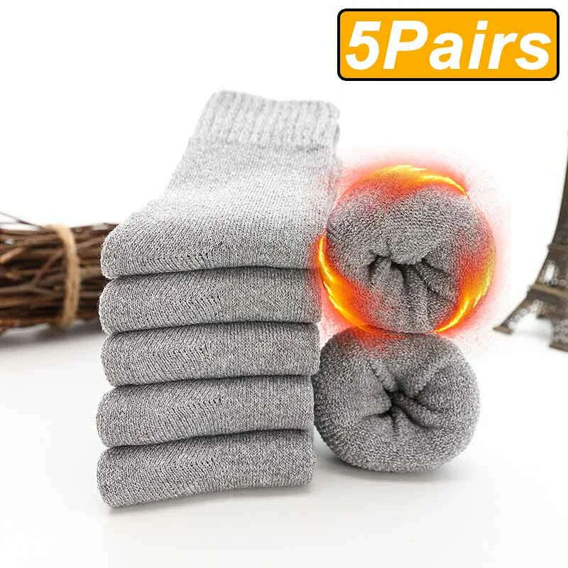 KIMLUD, 5 Pairs Winter Warm Men’s Socks Wool Male Women Socks Super Thicker Solid Socks Merino Wool Socks Against Cold Snow Terry Socks, 5 light gray / One Size, KIMLUD Womens Clothes