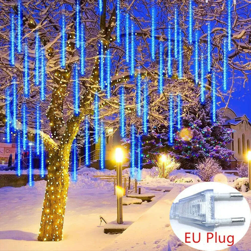 50/30cm EU Plug LED Meteor Shower Rain Lights Falling Raindrop Fairy String Light for Christmas Holiday Party Patio Decor - KIMLUD