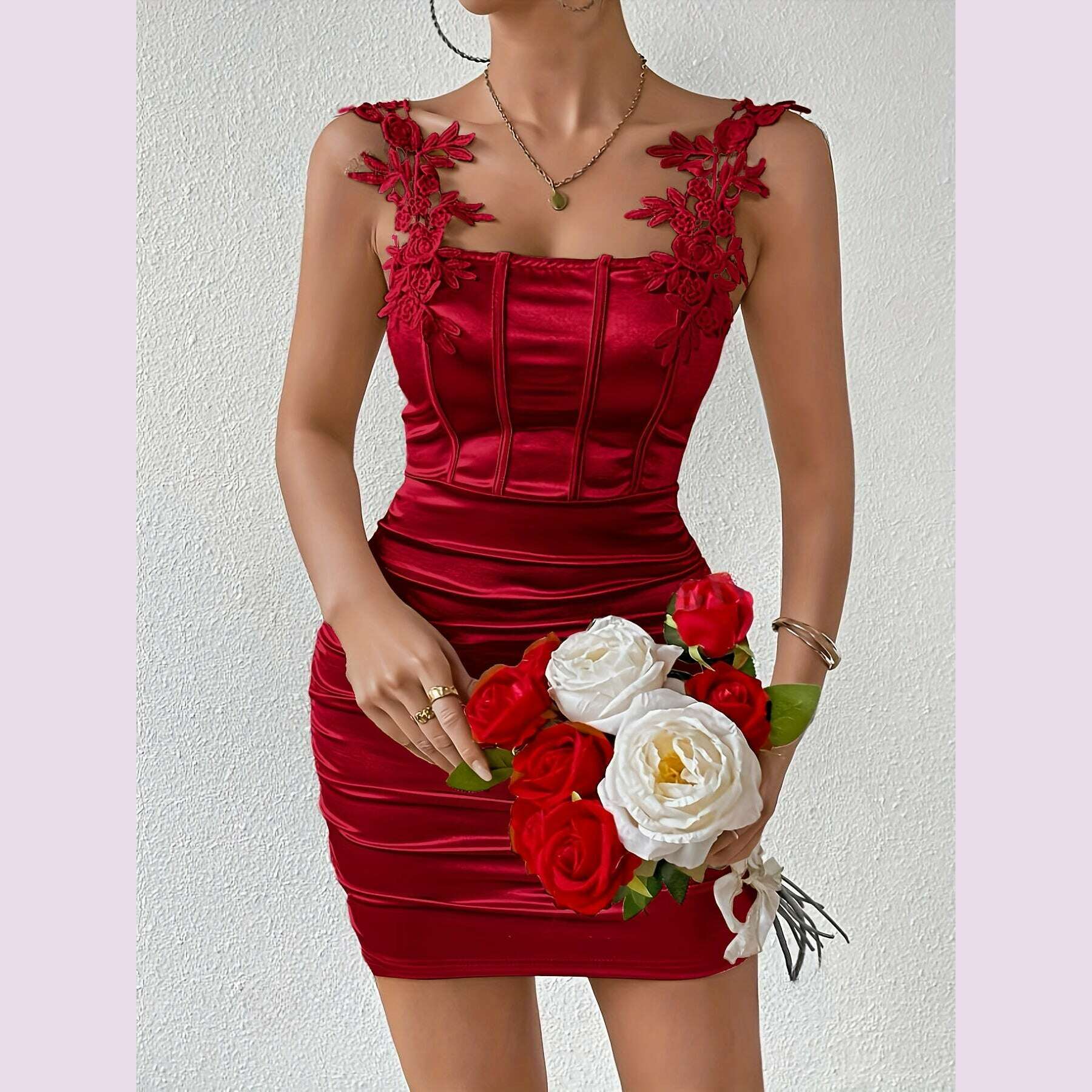 womens-elegant-bodycon-dress-with-lace-appliqué-ruched-detailing---stretchy-spaghetti-strap-off-shoulderone-shoulder-design-machine-washable-solid-color-all-season-versatile-for-casual-to-formal-occasions-seasonal-fkimlud-womens-fashion-34625724