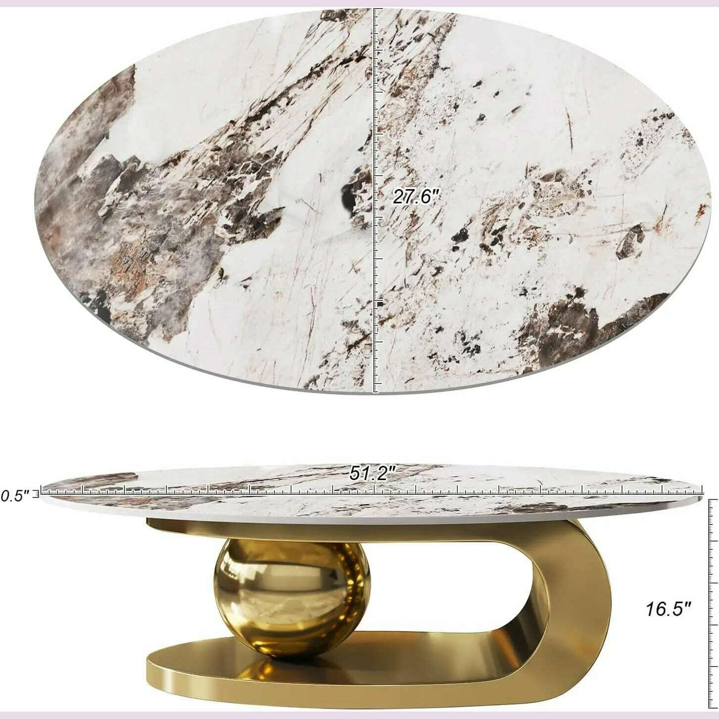 51" Lx28 Wx16.5 H.Modern Oval Stone Coffee Table with Abstract Gold Metal Base - Perfect Centerpiece for Stylish Living Rooms-Go - KIMLUD