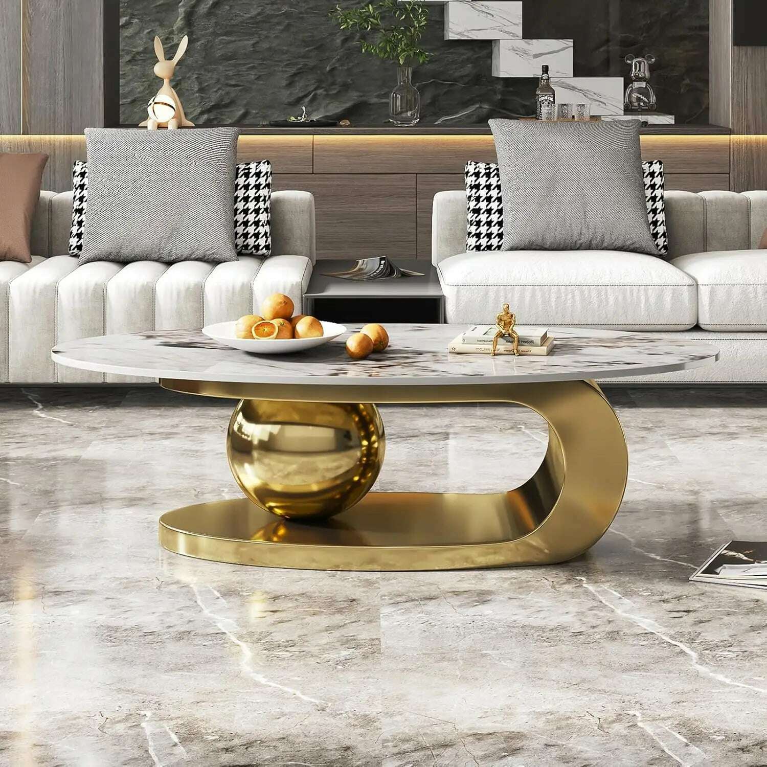 51" Lx28 Wx16.5 H.Modern Oval Stone Coffee Table with Abstract Gold Metal Base - Perfect Centerpiece for Stylish Living Rooms-Go - KIMLUD