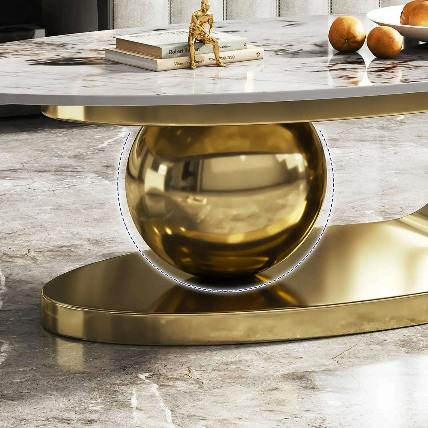 51" Lx28 Wx16.5 H.Modern Oval Stone Coffee Table with Abstract Gold Metal Base - Perfect Centerpiece for Stylish Living Rooms-Go - KIMLUD