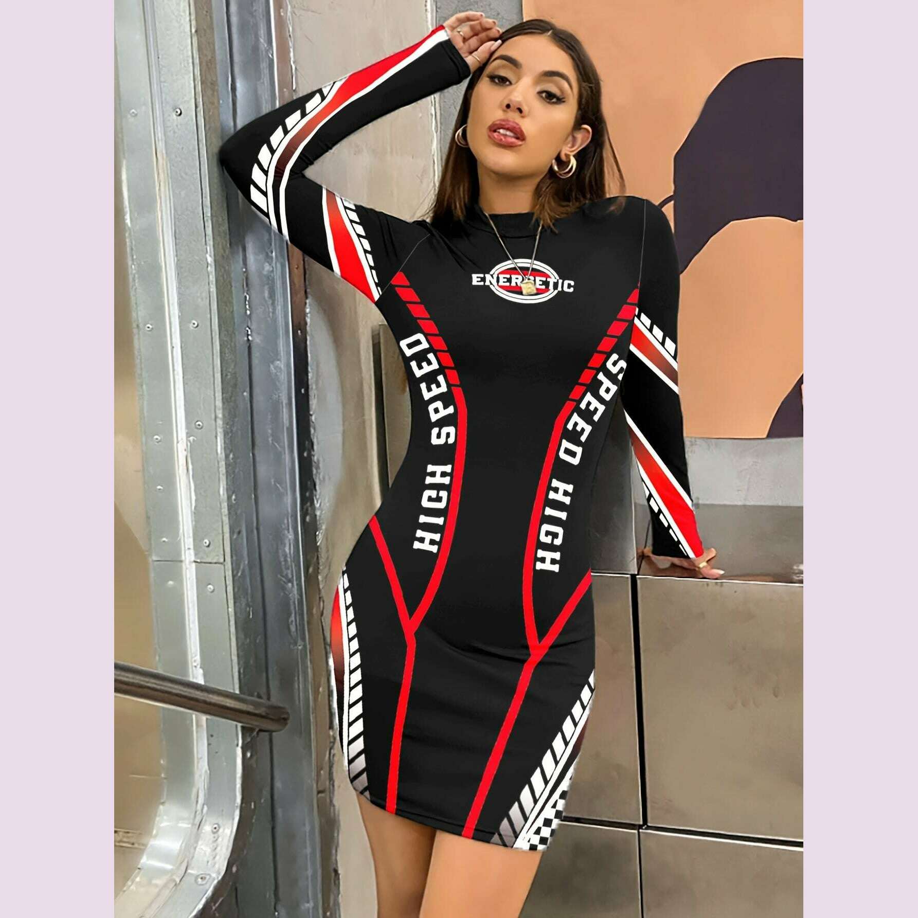 womens-high-neck-long-sleeve-bodycon-dress---black-with-red-white-letter-print-stretchy-polyester-elastane-blend-form-fitting-design-for-springfallkimlud-womens-fashion-34625753