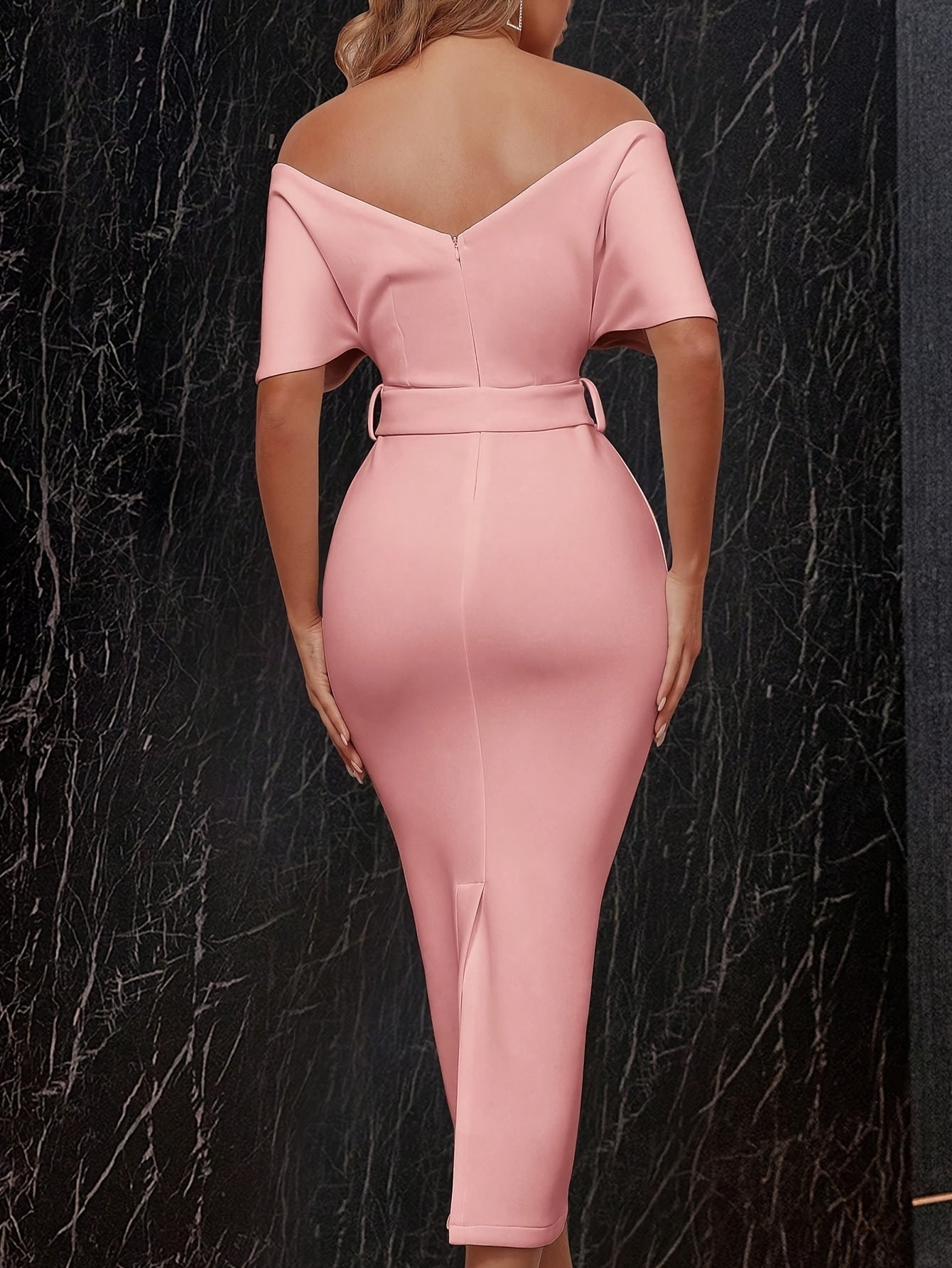 Stunning Off-The-Shoulder Bodycon Dress - V-Neck, Split Hem, Belted Waist, Elegant Design for Wedding Party, Formal Occasions - Women's Clothing, Body-Hugging Silhouette