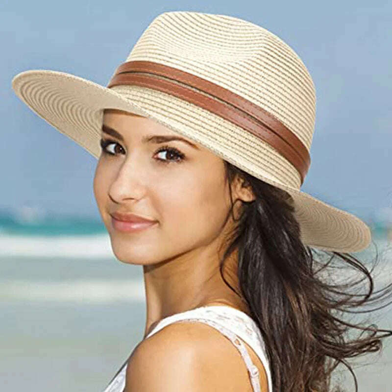 KIMLUD, 56-58-60CM Panama Hats Women Summer Wide Brim Sun Hat Beach Hat Men Fashion Straw Hat UPF UV Protection Fedoras Cap for Travel, KIMLUD Womens Clothes