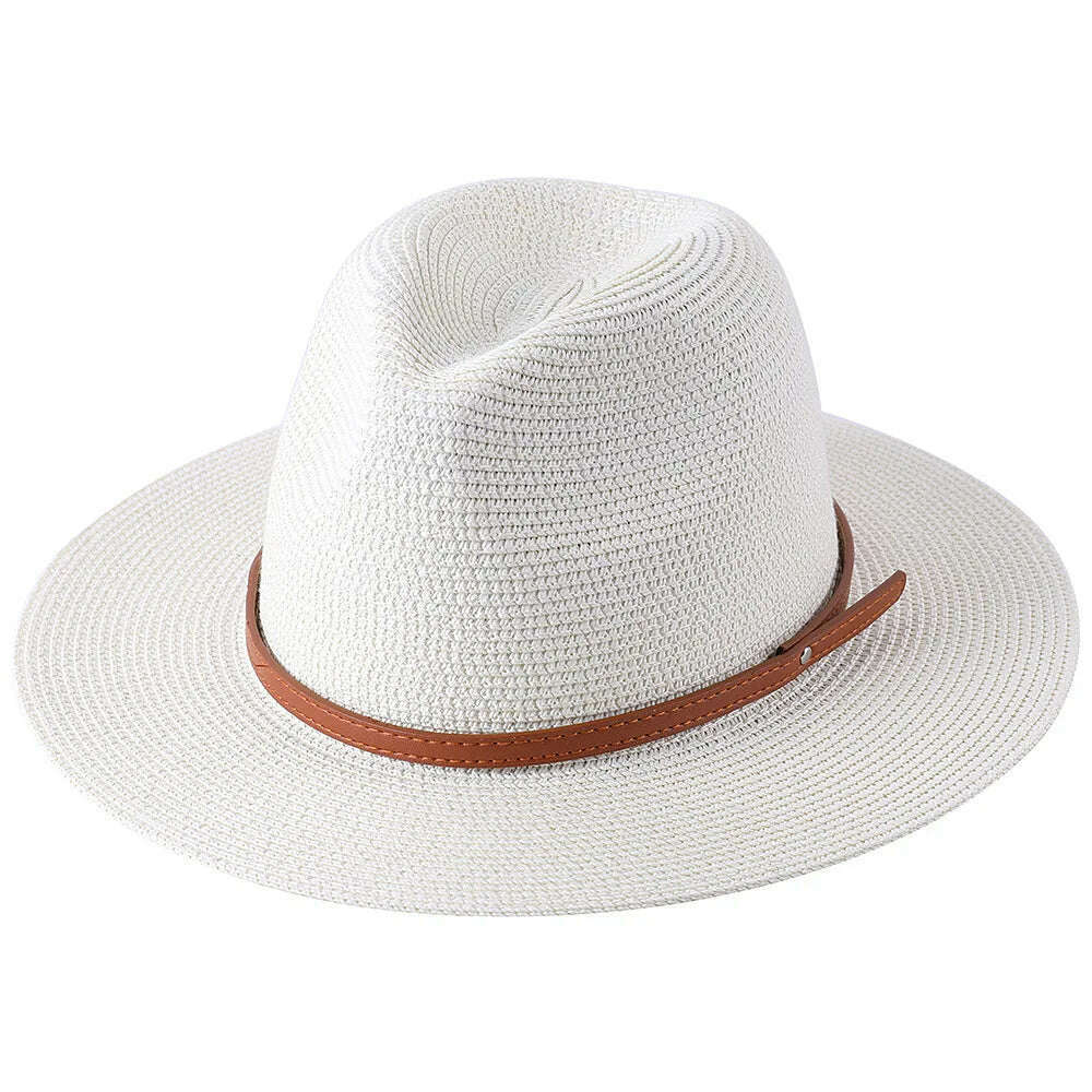 KIMLUD, 56-58-60CM Panama Hats Women Summer Wide Brim Sun Hat Beach Hat Men Fashion Straw Hat UPF UV Protection Fedoras Cap for Travel, milk white B / 58-60cm, KIMLUD Womens Clothes