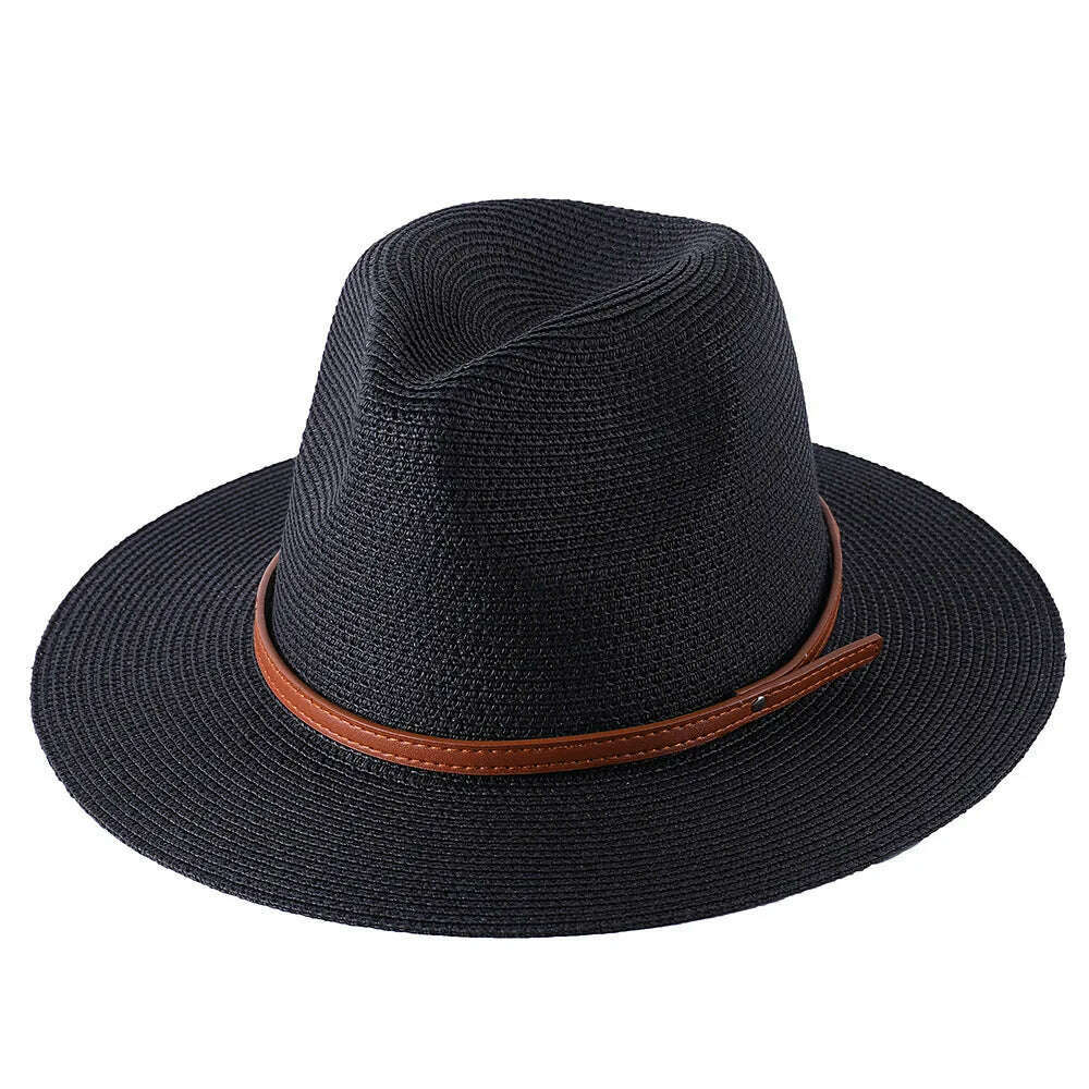 KIMLUD, 56-58-60CM Panama Hats Women Summer Wide Brim Sun Hat Beach Hat Men Fashion Straw Hat UPF UV Protection Fedoras Cap for Travel, black B / 58-60cm, KIMLUD Womens Clothes