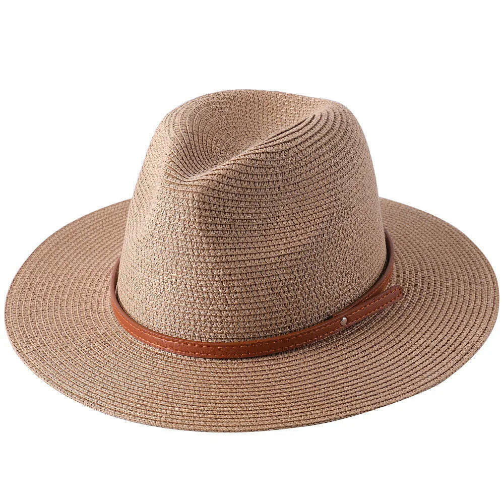 KIMLUD, 56-58-60CM Panama Hats Women Summer Wide Brim Sun Hat Beach Hat Men Fashion Straw Hat UPF UV Protection Fedoras Cap for Travel, khaki B / 58-60cm, KIMLUD Womens Clothes
