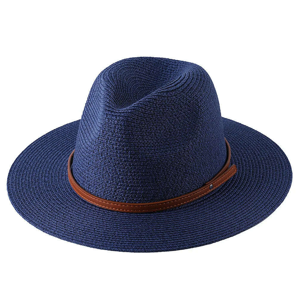 KIMLUD, 56-58-60CM Panama Hats Women Summer Wide Brim Sun Hat Beach Hat Men Fashion Straw Hat UPF UV Protection Fedoras Cap for Travel, navy blue B / 58-60cm, KIMLUD Womens Clothes