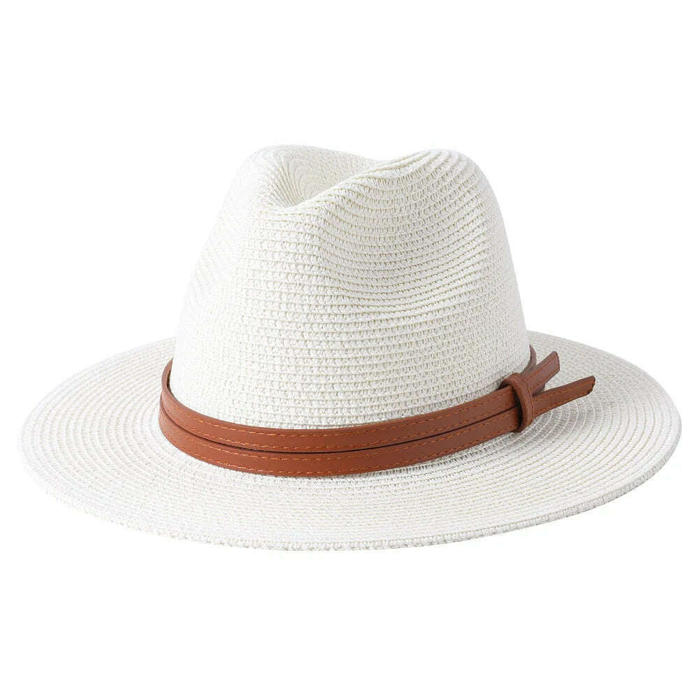 KIMLUD, 56-58-60CM Panama Hats Women Summer Wide Brim Sun Hat Beach Hat Men Fashion Straw Hat UPF UV Protection Fedoras Cap for Travel, milk white A / 58-60cm, KIMLUD Womens Clothes