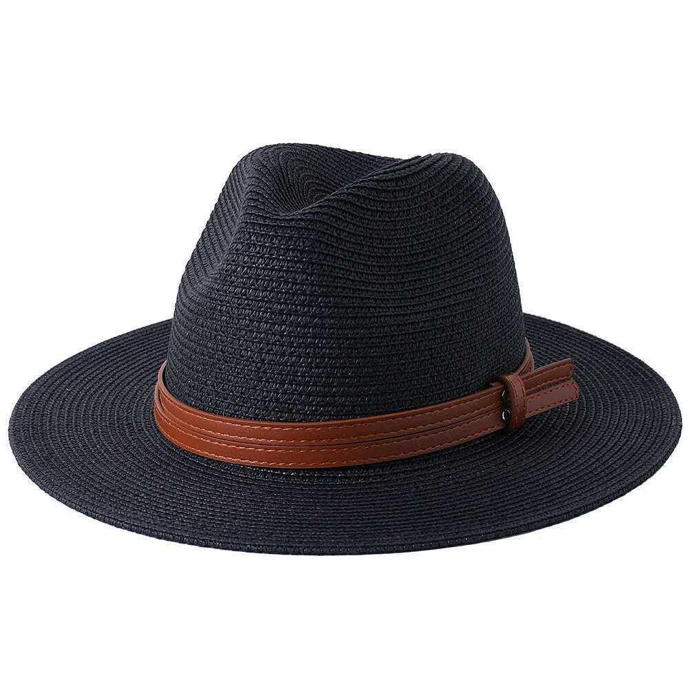 KIMLUD, 56-58-60CM Panama Hats Women Summer Wide Brim Sun Hat Beach Hat Men Fashion Straw Hat UPF UV Protection Fedoras Cap for Travel, black A / 58-60cm, KIMLUD Womens Clothes