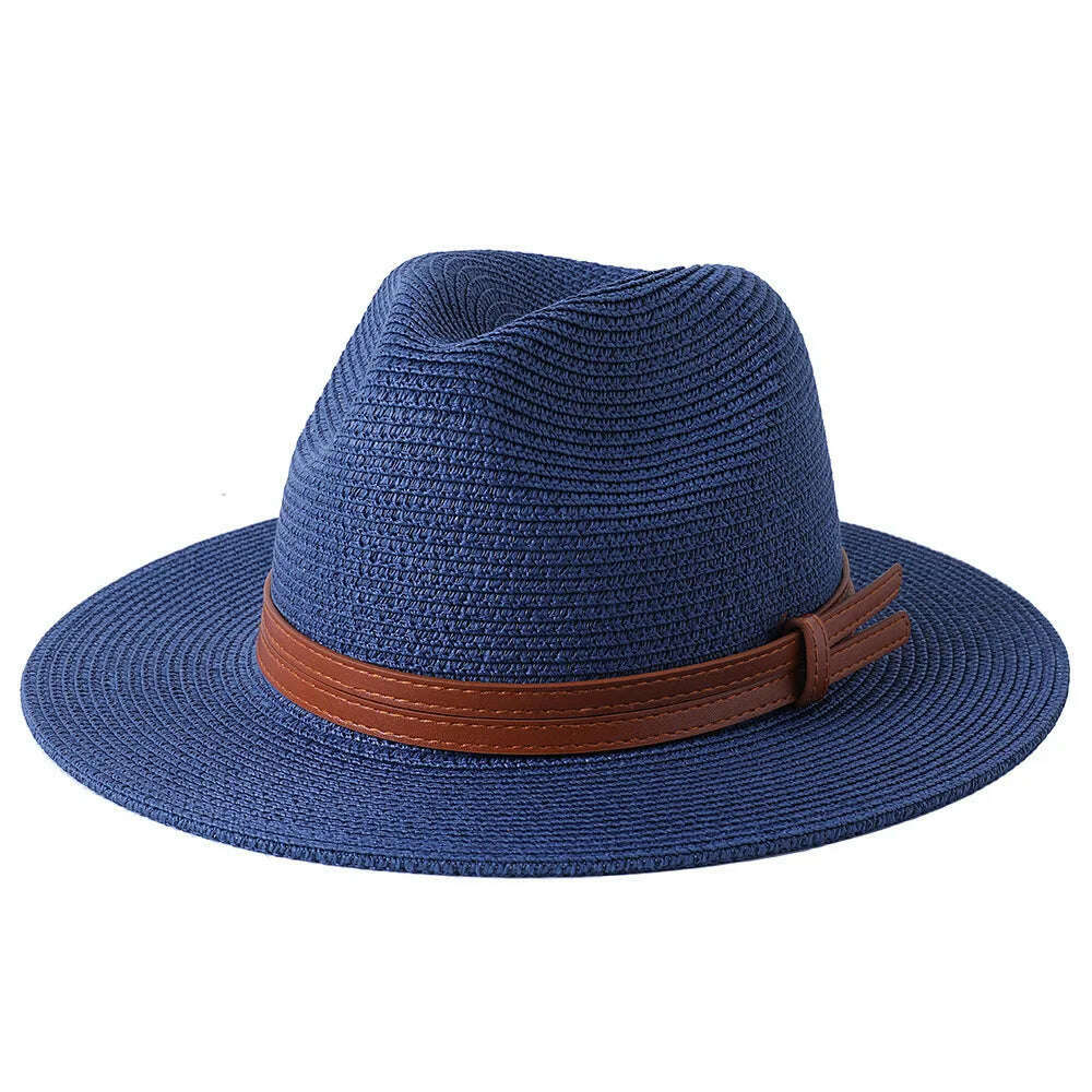 KIMLUD, 56-58-60CM Panama Hats Women Summer Wide Brim Sun Hat Beach Hat Men Fashion Straw Hat UPF UV Protection Fedoras Cap for Travel, Navy blue  A / 58-60cm, KIMLUD Womens Clothes