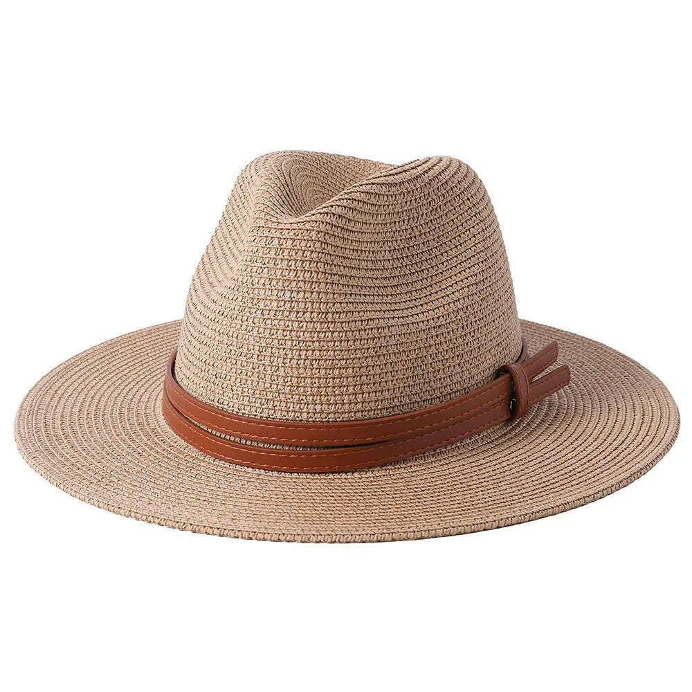 KIMLUD, 56-58-60CM Panama Hats Women Summer Wide Brim Sun Hat Beach Hat Men Fashion Straw Hat UPF UV Protection Fedoras Cap for Travel, khaki A / 58-60cm, KIMLUD Womens Clothes