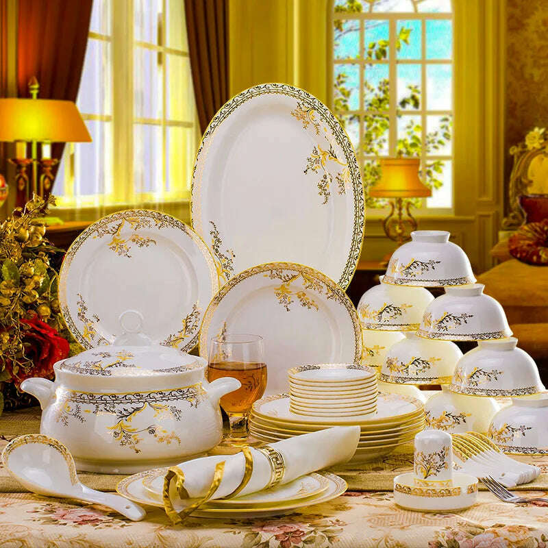 56PCS Dinnerware Set Dishes Bone China Combination Tableware Dishes Plates Ceramic Dinner Service Set - KIMLUD