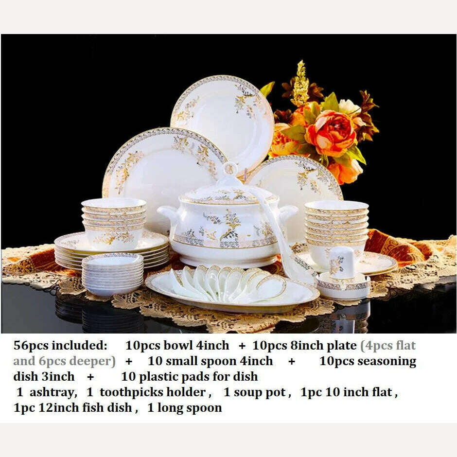 KIMLUD, 56PCS Dinnerware Set Dishes Bone China Combination Tableware Dishes Plates Ceramic Dinner Service Set, KIMLUD Womens Clothes