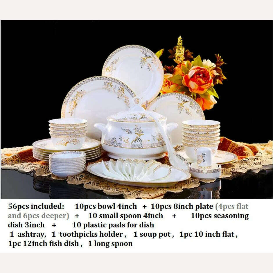 56PCS Dinnerware Set Dishes Bone China Combination Tableware Dishes Plates Ceramic Dinner Service Set - KIMLUD