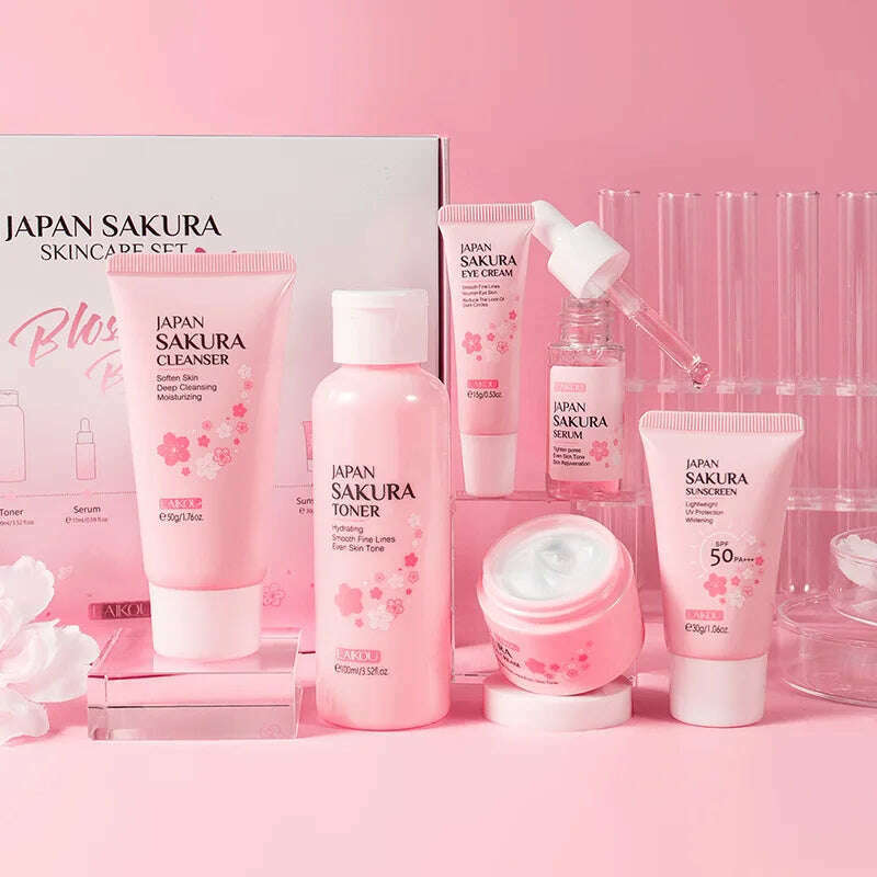 KIMLUD, 5/6pcs Sakura Skin Care Sets Face Cream Serum Toner Facial Cleanser Sunscreen Eye Cream Face Skin Care Products, KIMLUD Womens Clothes