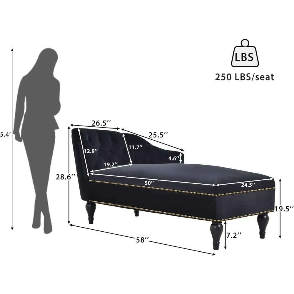 58" Velvet Chaise,Button Tufted Arm Facing Chair with Solid Wood Legs for Living Room or Office,Sleeper Lounge Sofa,Black - KIMLUD
