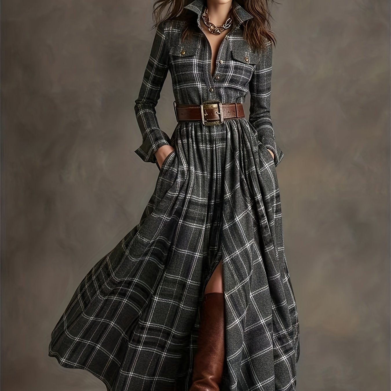 Women'S Vintage Western Plaid Shirt Dress - Long Sleeve A-Line Maxi Dress with V-Neck Collar & Belted Waist, All-Season Elegant Retro Outfit for Casual to Formal Events, Brown/Red Tartan Print, Structured Fit & Flowy Skirt