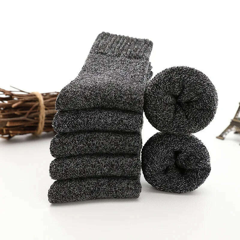 5Pairs Super Thick Winter Woolen Merino Socks for Men Towel Thermal Warm Sport Socks Cotton Male's Cold Snow Boot Terry Sock, Black- Solid / 5pairs, KIMLUD Women's Clothes
