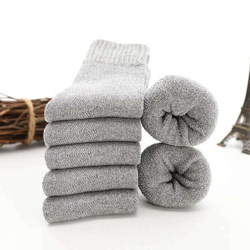 5Pairs Super Thick Winter Woolen Merino Socks for Men Towel Thermal Warm Sport Socks Cotton Male's Cold Snow Boot Terry Sock, Grey- Solid / 5pairs, KIMLUD Women's Clothes