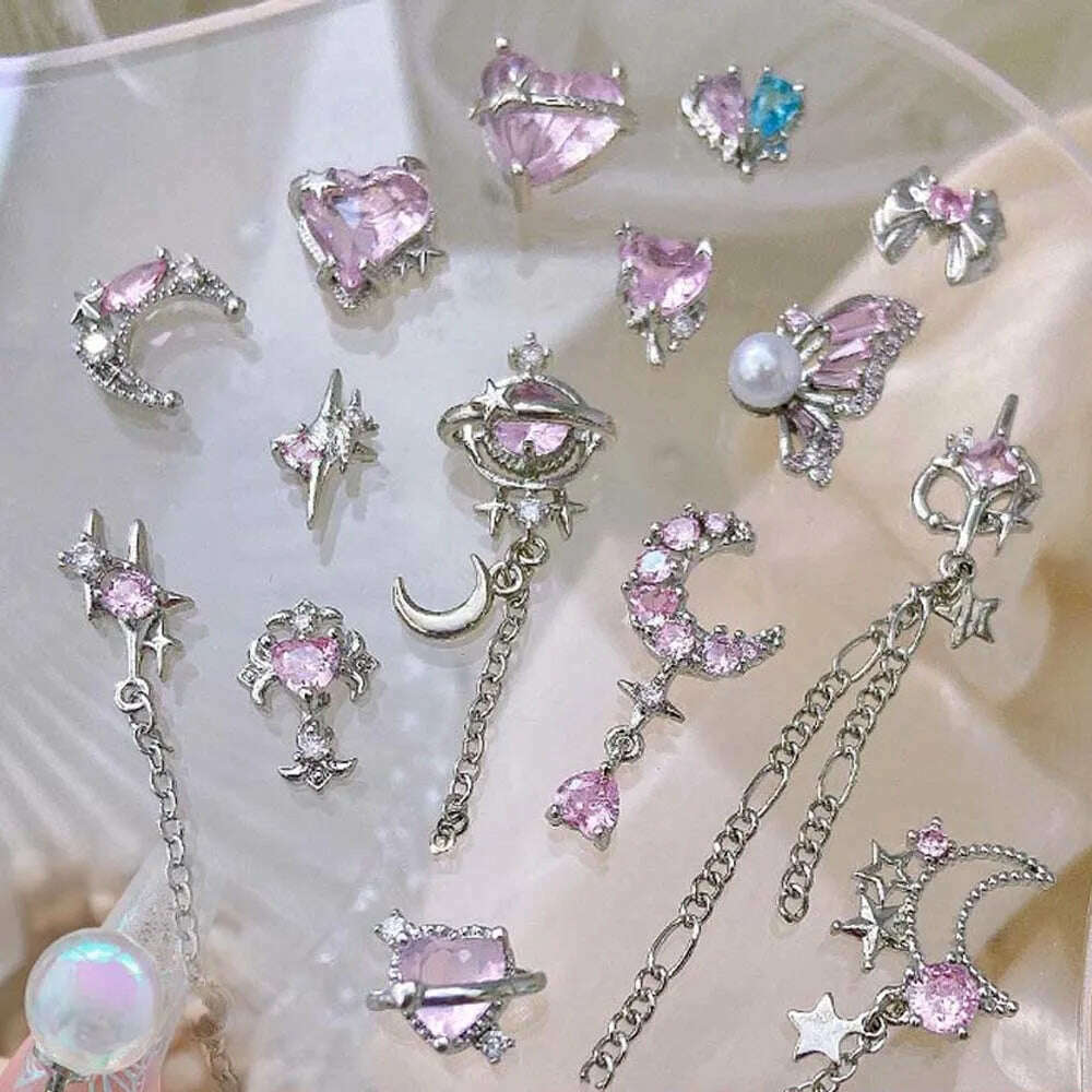 5pcs Pink Zircon Alloy Love Nail Art Charm 3D Bow Heart Moon Butterfly Planet Nail Decoration DIY Simple Design Nail Accessories - KIMLUD